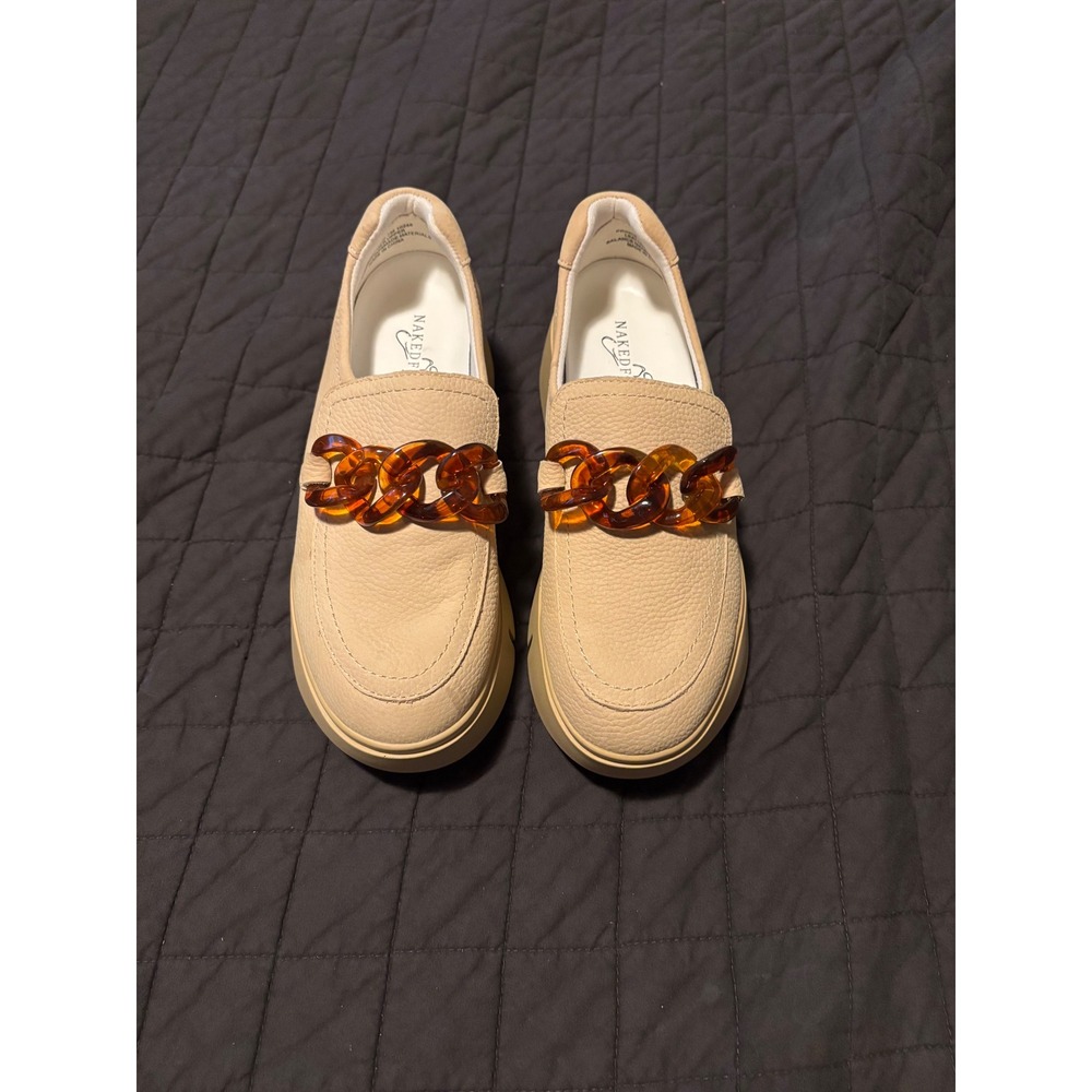 Naked Feet Princeton Sand Leather Platform Loafers Tortoise Chain Womens 7M